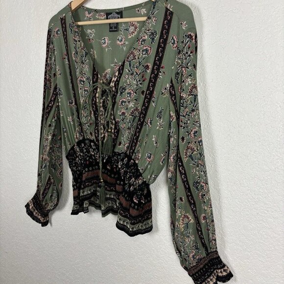 Angie Floral Boho Plunge Neck Blouse Olive Green Small Cottagecore Smocked Fall - Picture 5 of 10